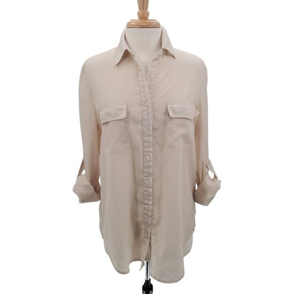 Vintage Solemio Womens Button Up Roll Tab Sleeve Blouse Top Sz L Cream Career - Picture 1 of 16